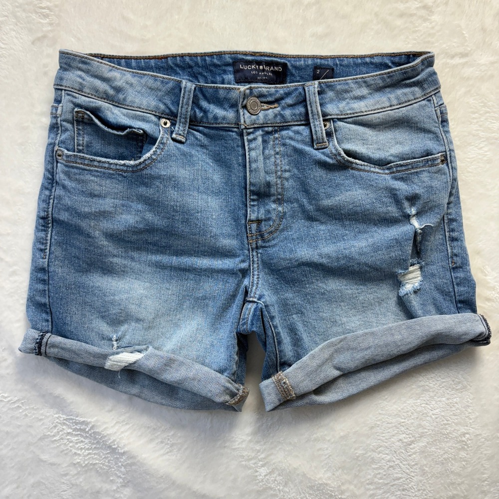 Lucky Brand Shorts Women Sz 2/26 The Roll Up Distressed Denim Cuffed Blue Wash